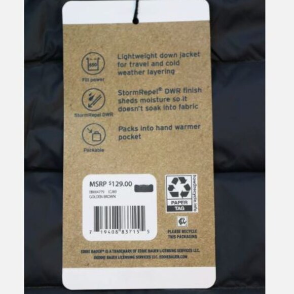 Eddie Bauer Men's Down Packable Lightweight Jacket Size S Golden Brown New - Picture 13 of 14